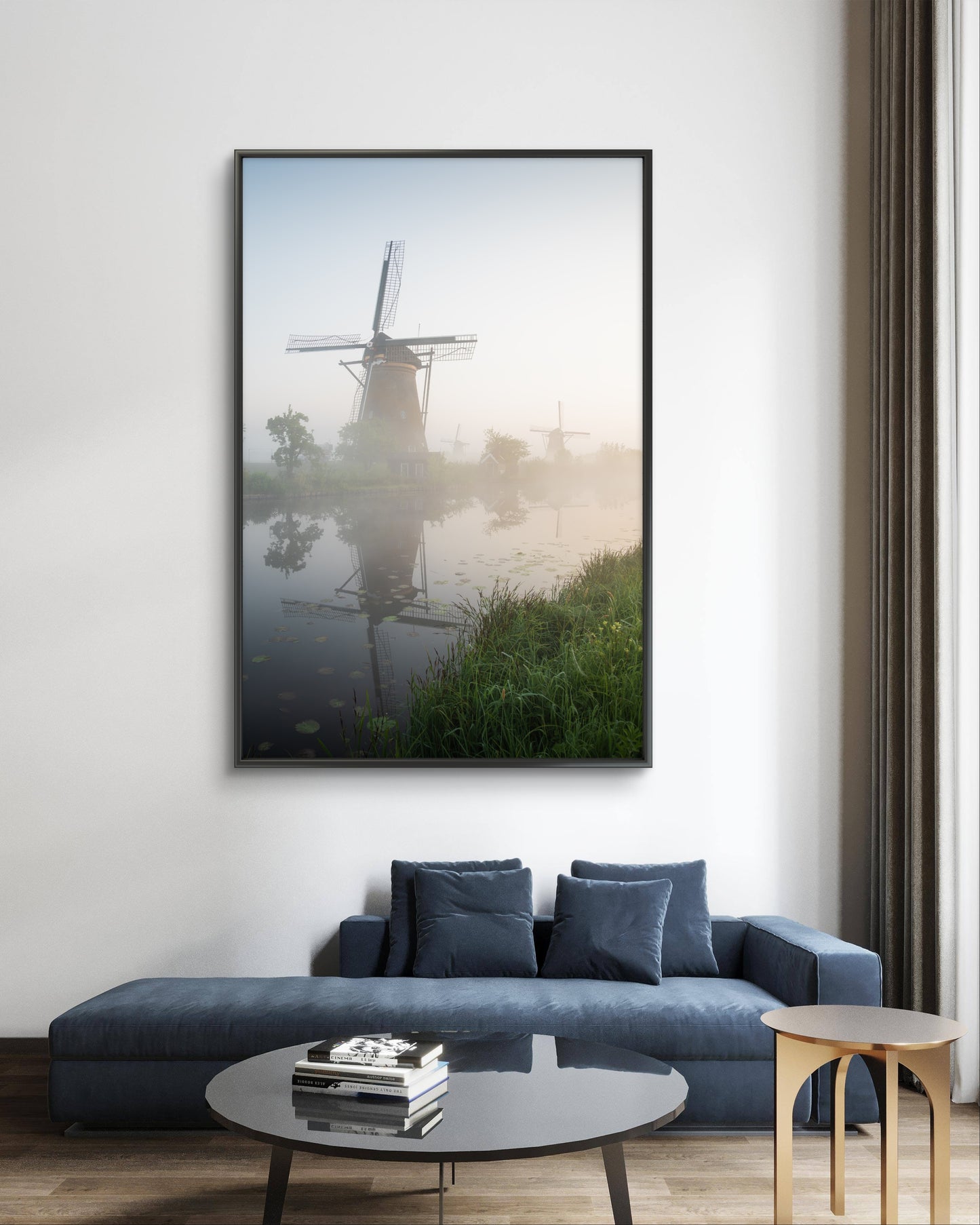 Dibond print: "Drie fantastische molens van Kinderdijk in de mist"