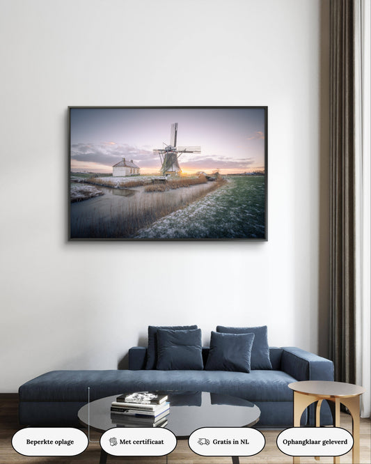 Dibond print: "Koude zonsopkomst bij de Babuurster molen"