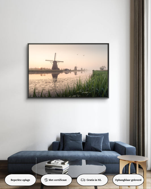 Dibond print: "Ochtend gloren bij Kinderdijk"